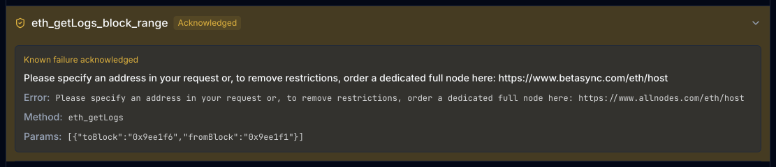 Known failure acknowledged with suppression badge, preventing false alerts